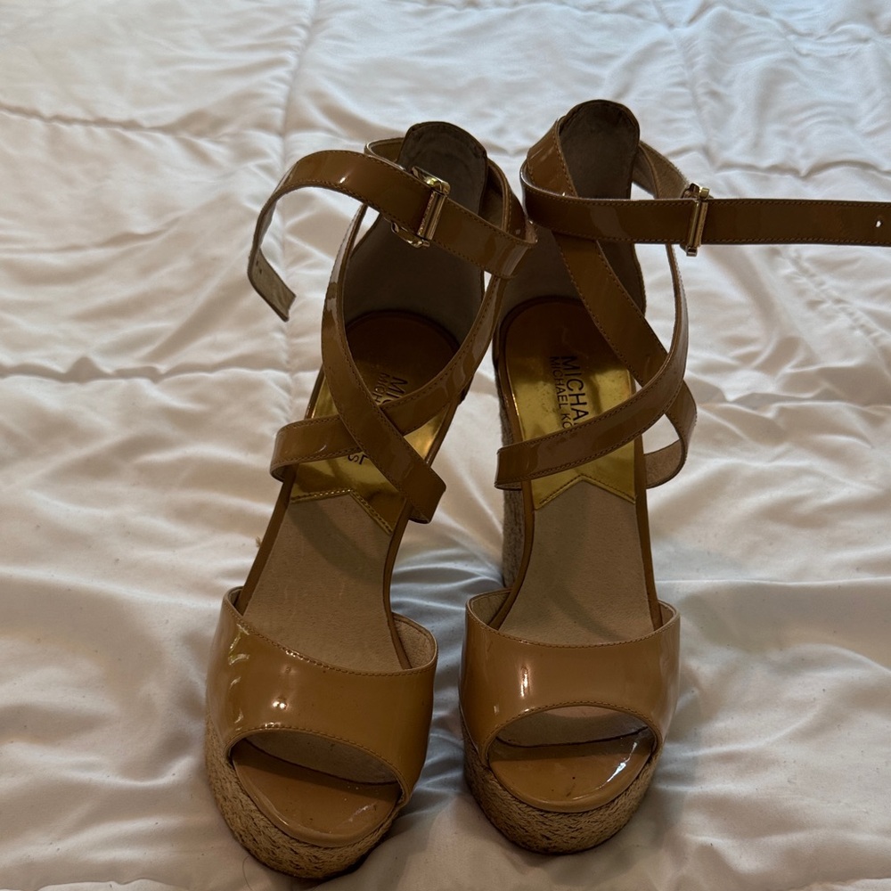 Michael Kors Beige Patent Wedge Sandals with Ankle Strap